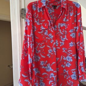 Ann Taylor Red Blouse with Purple Floral Pattern
